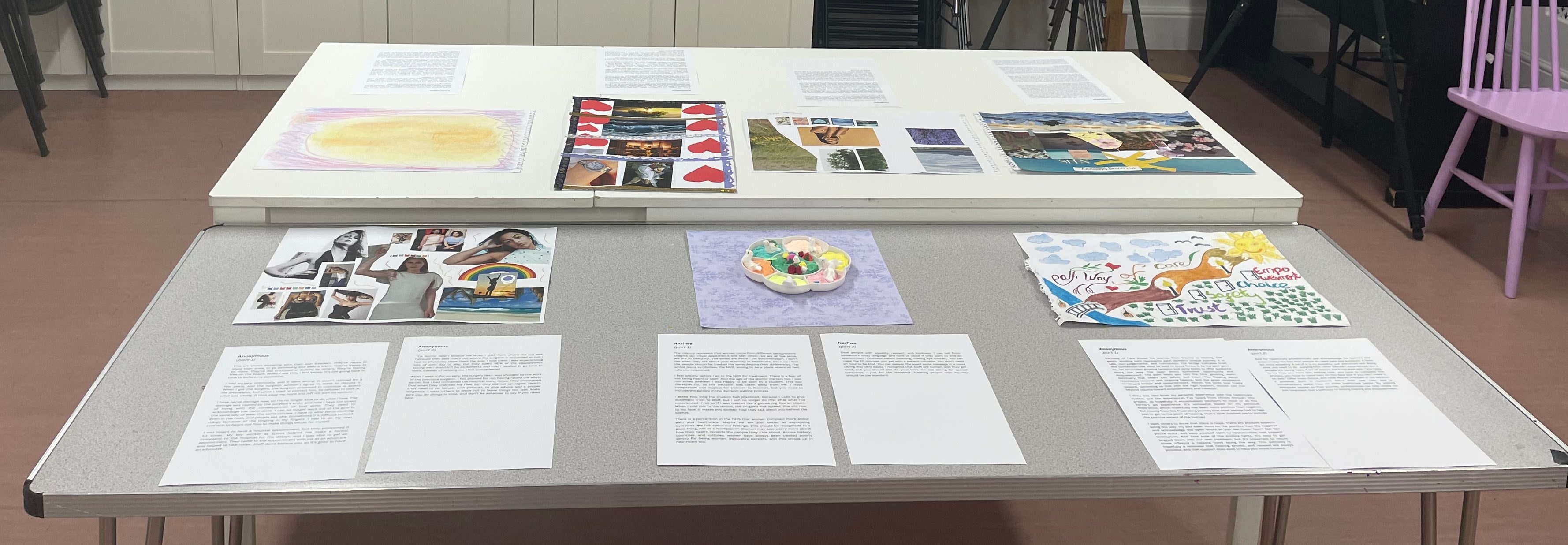 A table with artworks on it