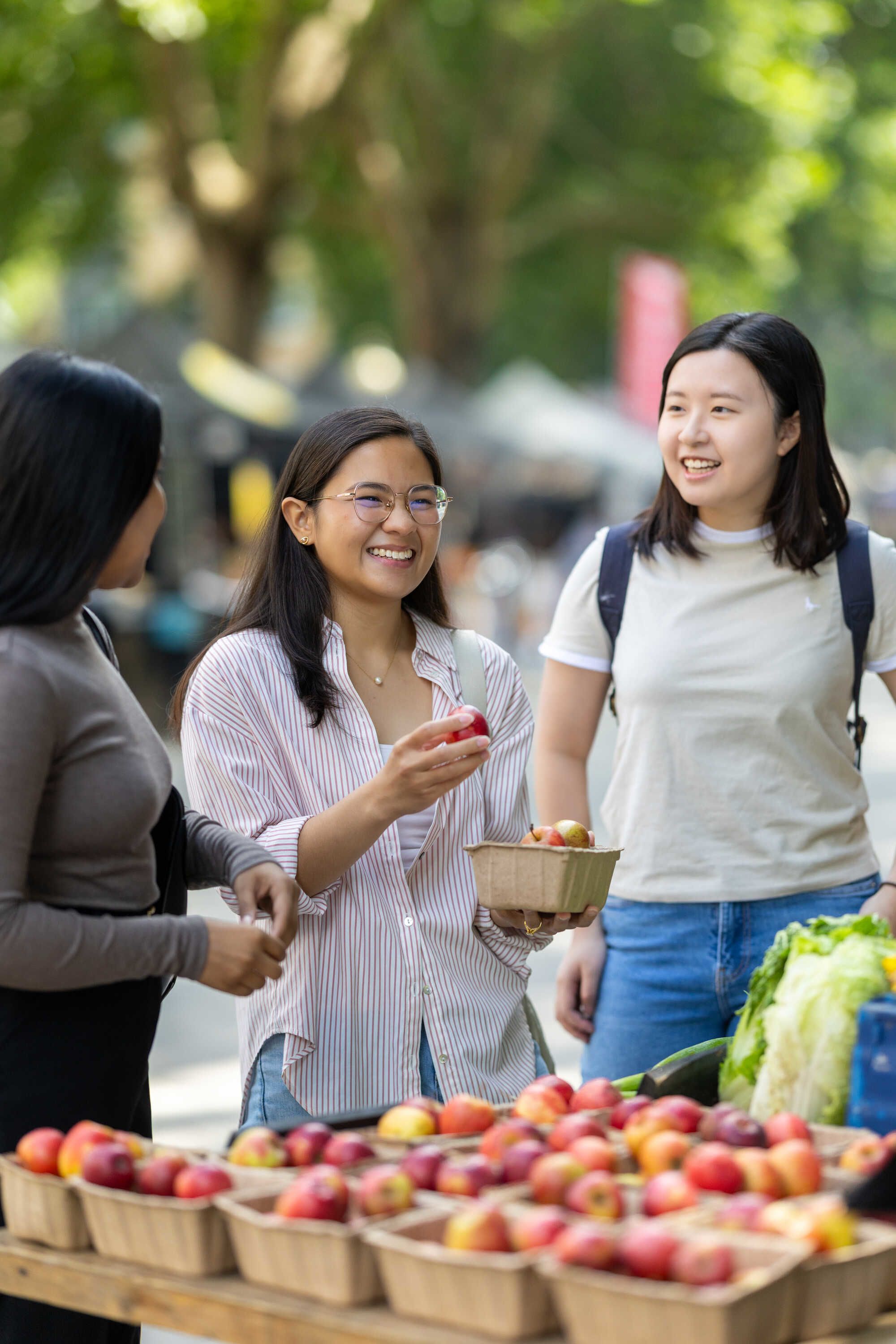 Group of students at a fresh fruit and vegetable store, chatting while looking at apples