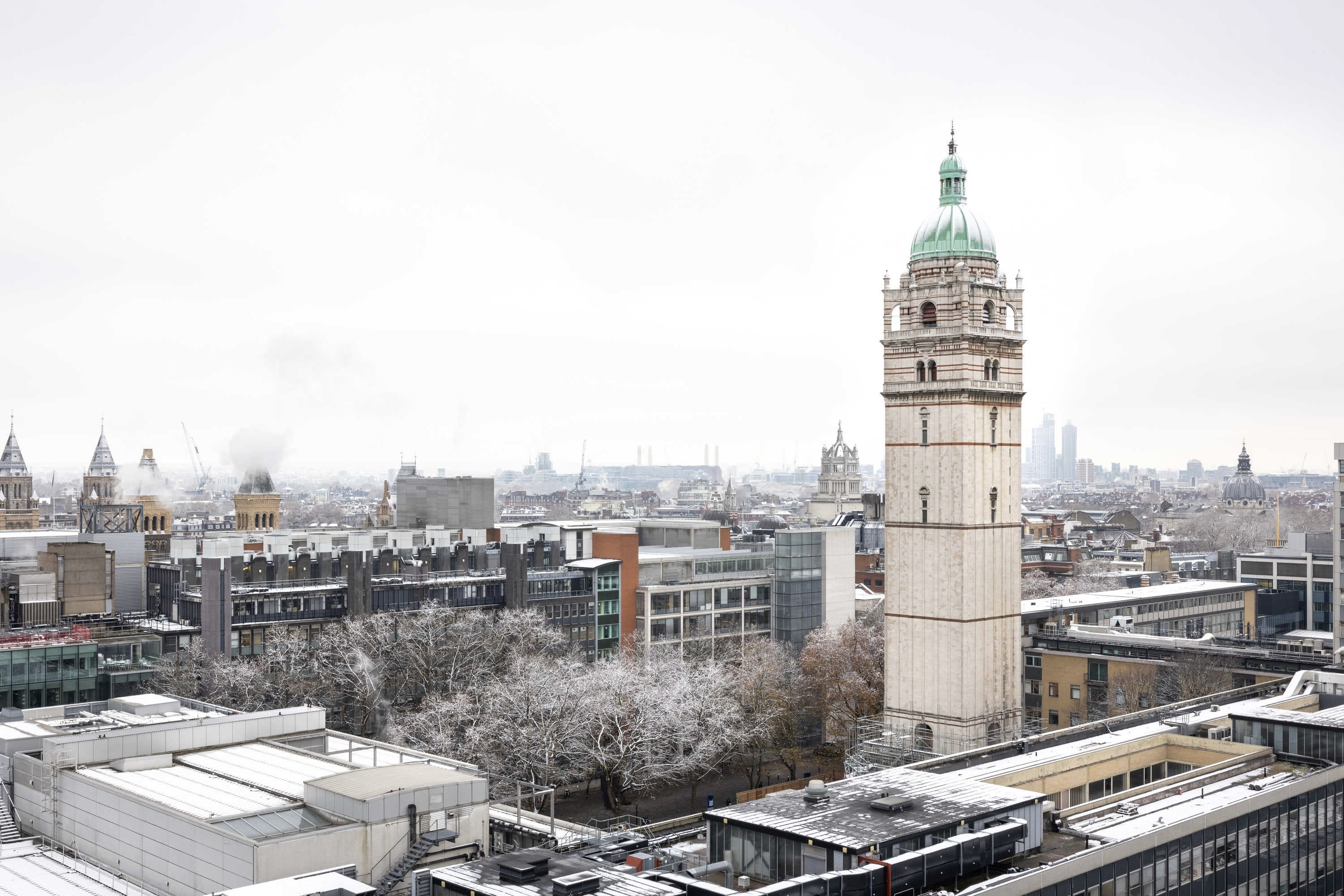 The Queen's Tower and South Kensington Campus covered in snow
