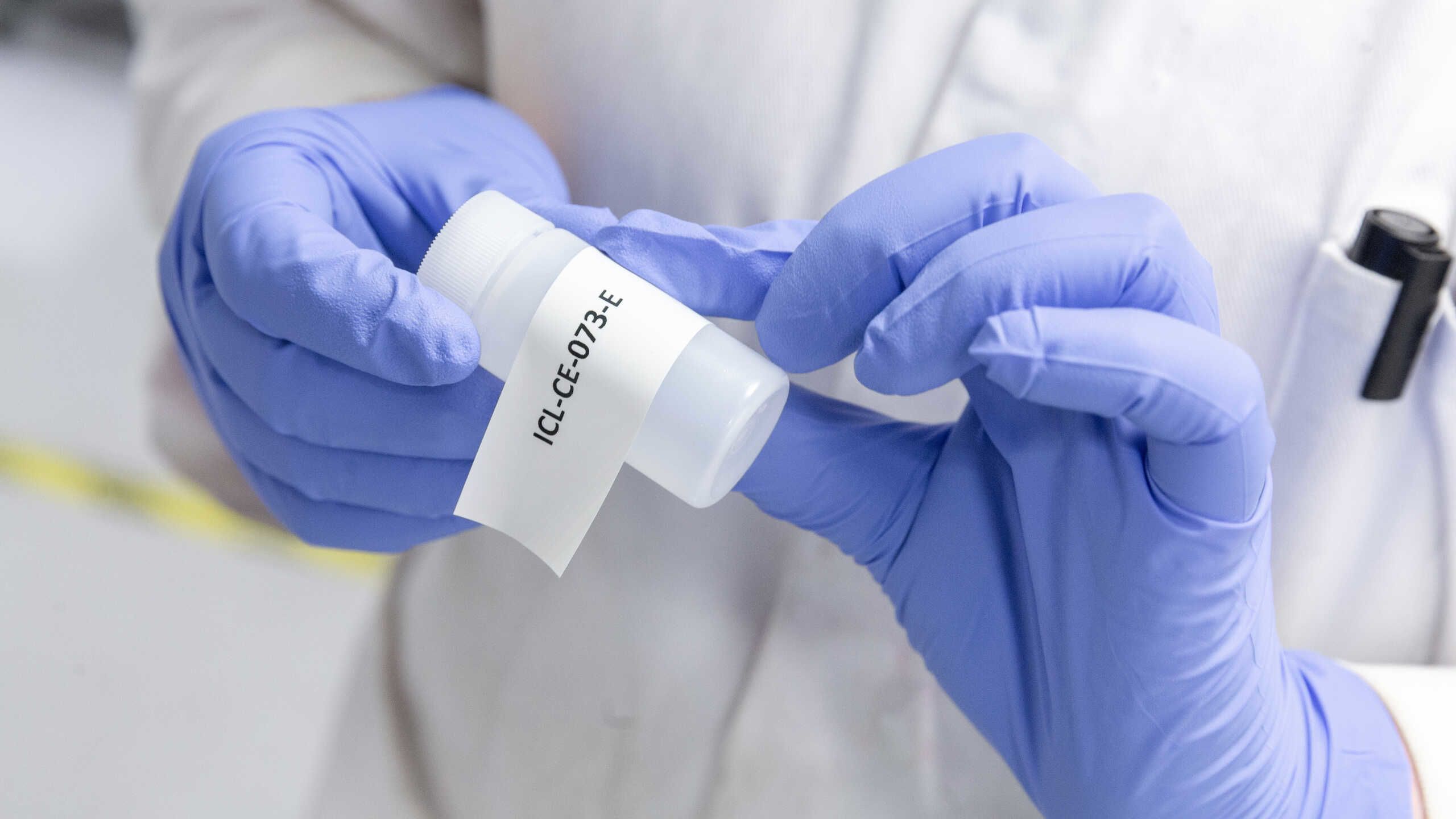 Image of person with blue gloves on holding some lab equipment
