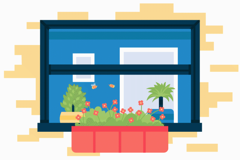 Animated image of bees flying over windowsill plant box.