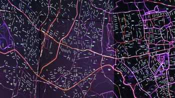 A street map with coloured overlay.