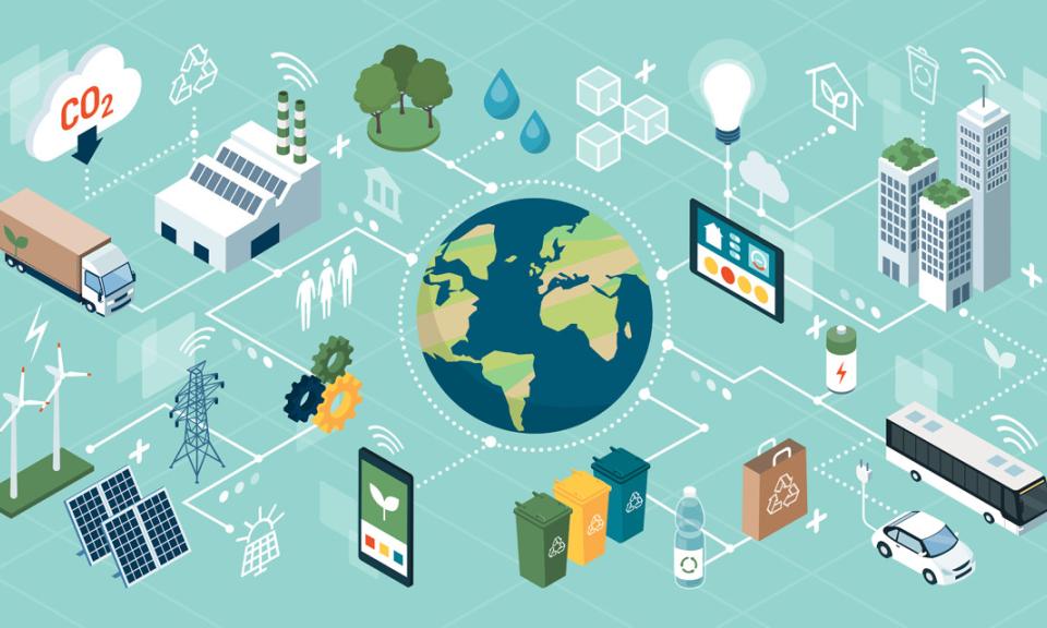 The Earth connected by a network of lines to various sustainable resources and products