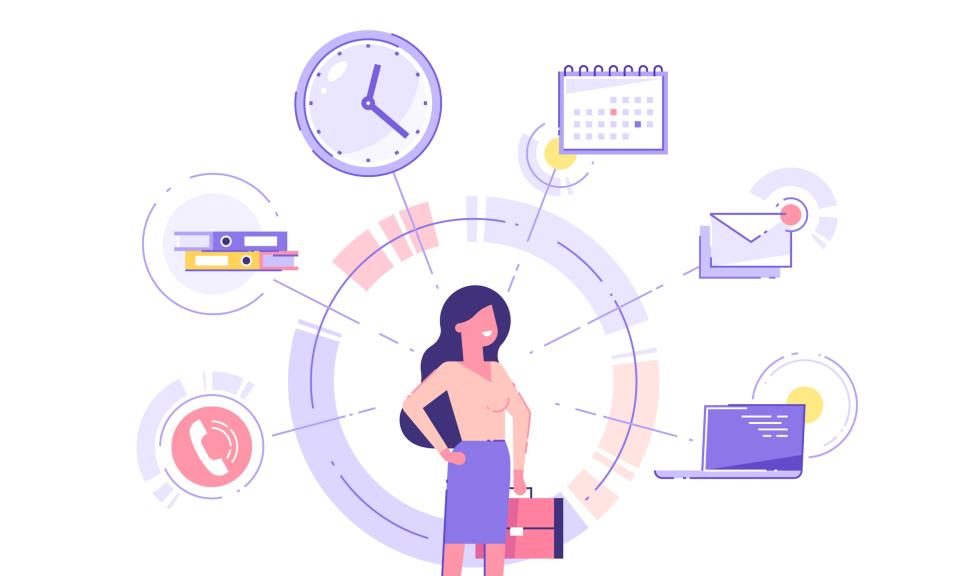 Illustration of women balancing her time with images of a phone, a clock, a calendar and a laptop surrounding her