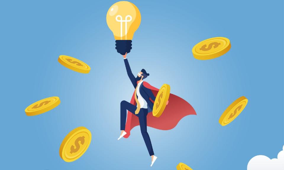 Man wearing cape in the sky holding lightbulb surrounded by gold coins