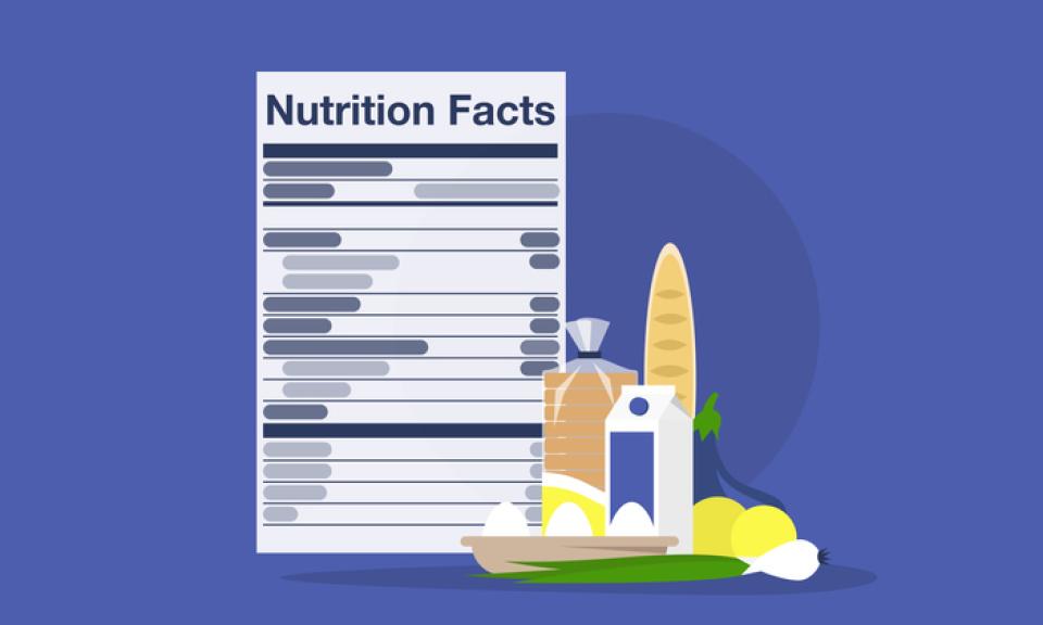 Healthy foods next to a fact sheet on nutrition