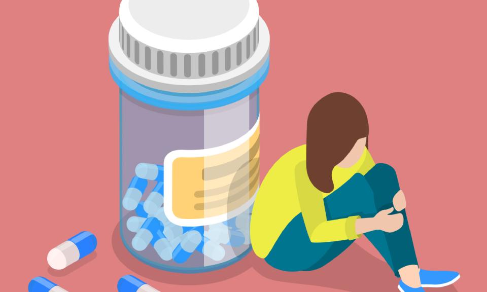 Illustration of a slumped female figure sitting beneath a towering container of pills