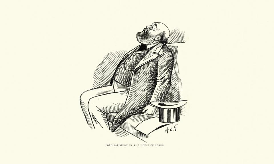 Political cartoon of Robert Gascoigne-Cecil asleep at work