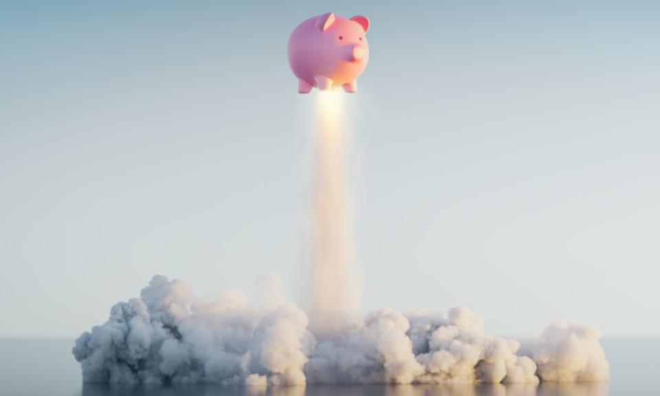 Piggy Bank being blown into the sky 3D render
