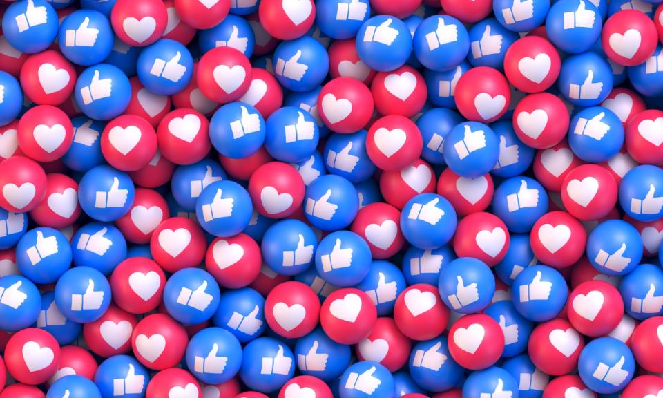 Balls with social media icons thumb up and heart