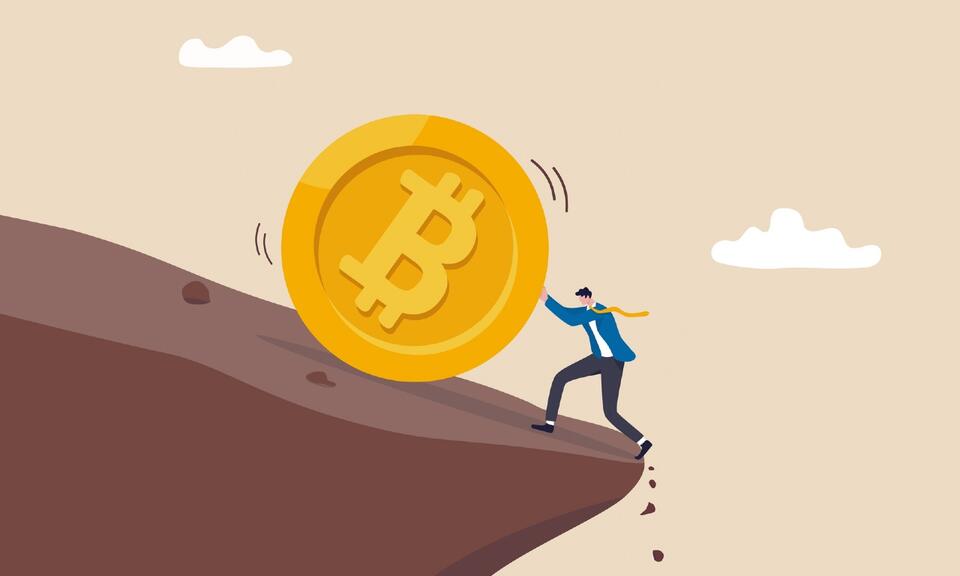 Illustration of man pushing Bitcoin away from a cliff