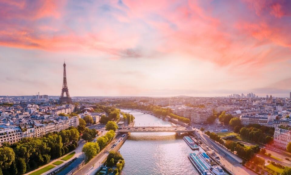 The city of Paris, France in the evening