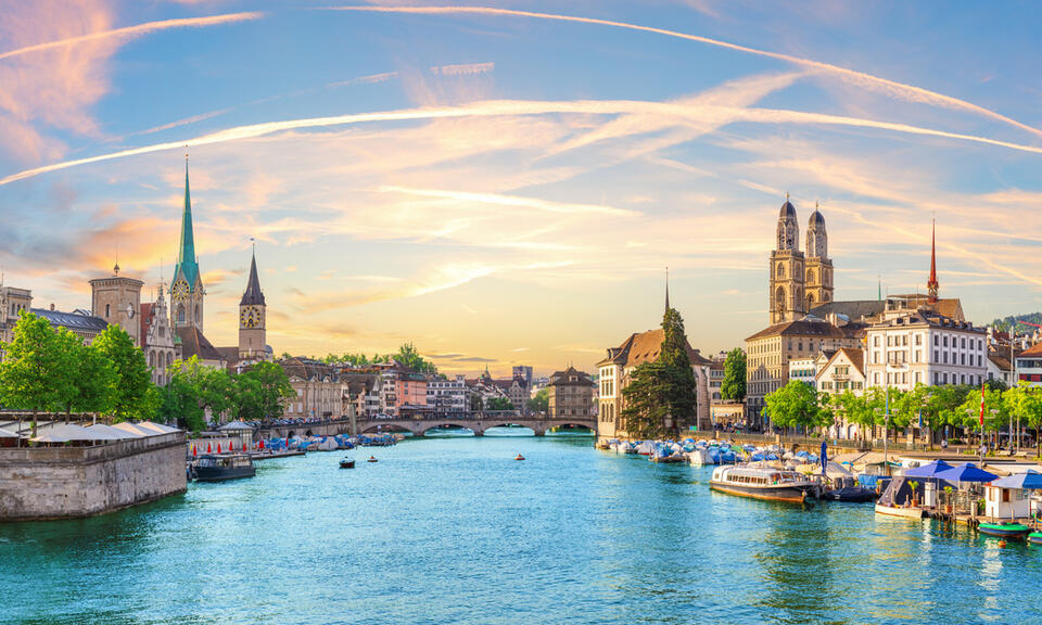 The city of Zurich, Switzerland in the evening