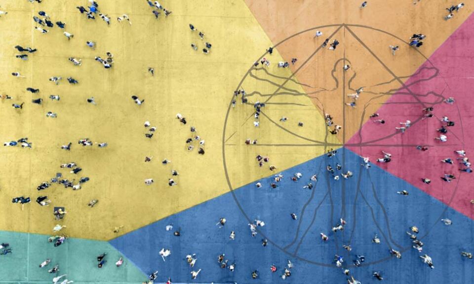 Leonardo Centre Web banner, aerial view of people walking across a multicoloured surface, with the Leonardo vetruvian man etched on it. 