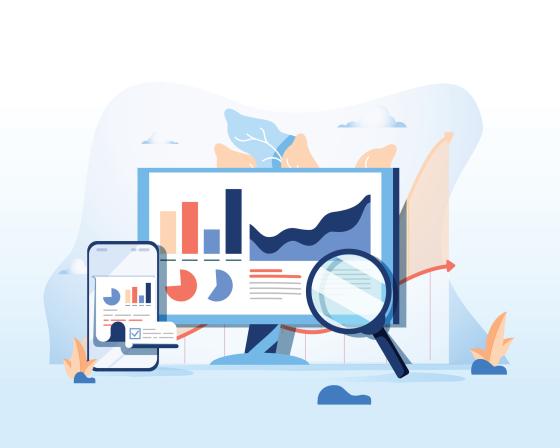 Illustration of a desktop screen and mobile phone with graphs on the display