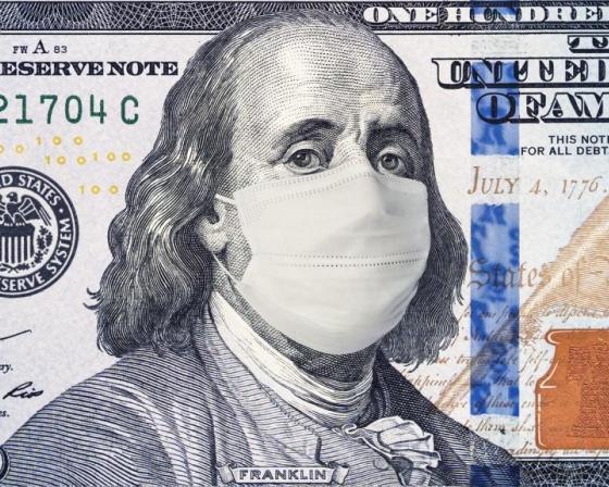 Dollar bill with Franklin wearing face mask