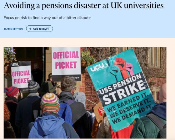 Financial Times screenshot of USS pensions story with image of strike