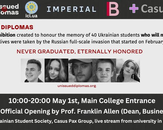 Event banner for Unissued Diplomas: A Global Tribute to Ukraine’s Fallen Students exhibition