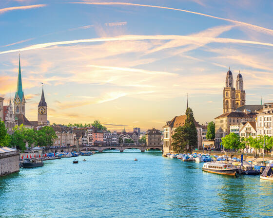 The city of Zurich, Switzerland in the evening