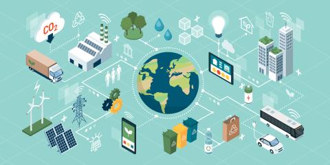 The Earth connected by a network of lines to various sustainable resources and products