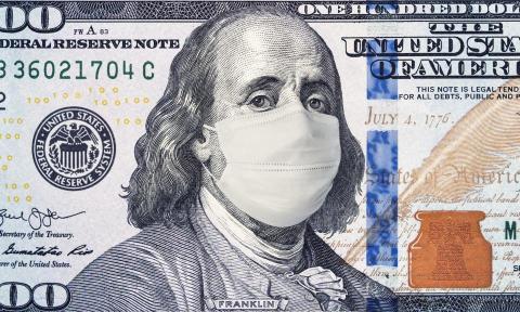 Dollar bill with Franklin wearing face mask