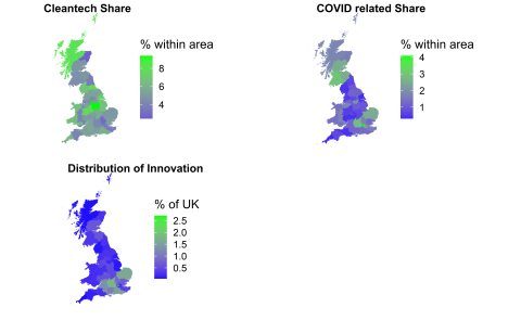 Maps of the UK showing distribution of cleantech, COVID-related technology and innovation