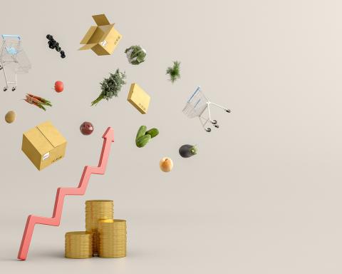 An arrow rising above a stack of coins as various food products, boxes and trolleys float around it