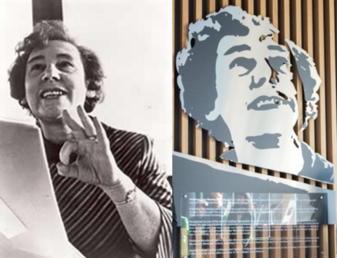 two images side-by-side: one a black and white image of Joan Woodward, the other an image of a artistic display of the same photo.