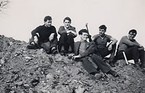 Mining students on the geology field trip to May Hill, 1950. From left to right: Pete Young, Kelvin Baird, Gordon Tait, Brian Collinson, Tony Brewis.