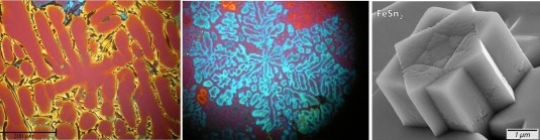 left to right: Al dendrite, Mg dendrite, FeSn2 crystal