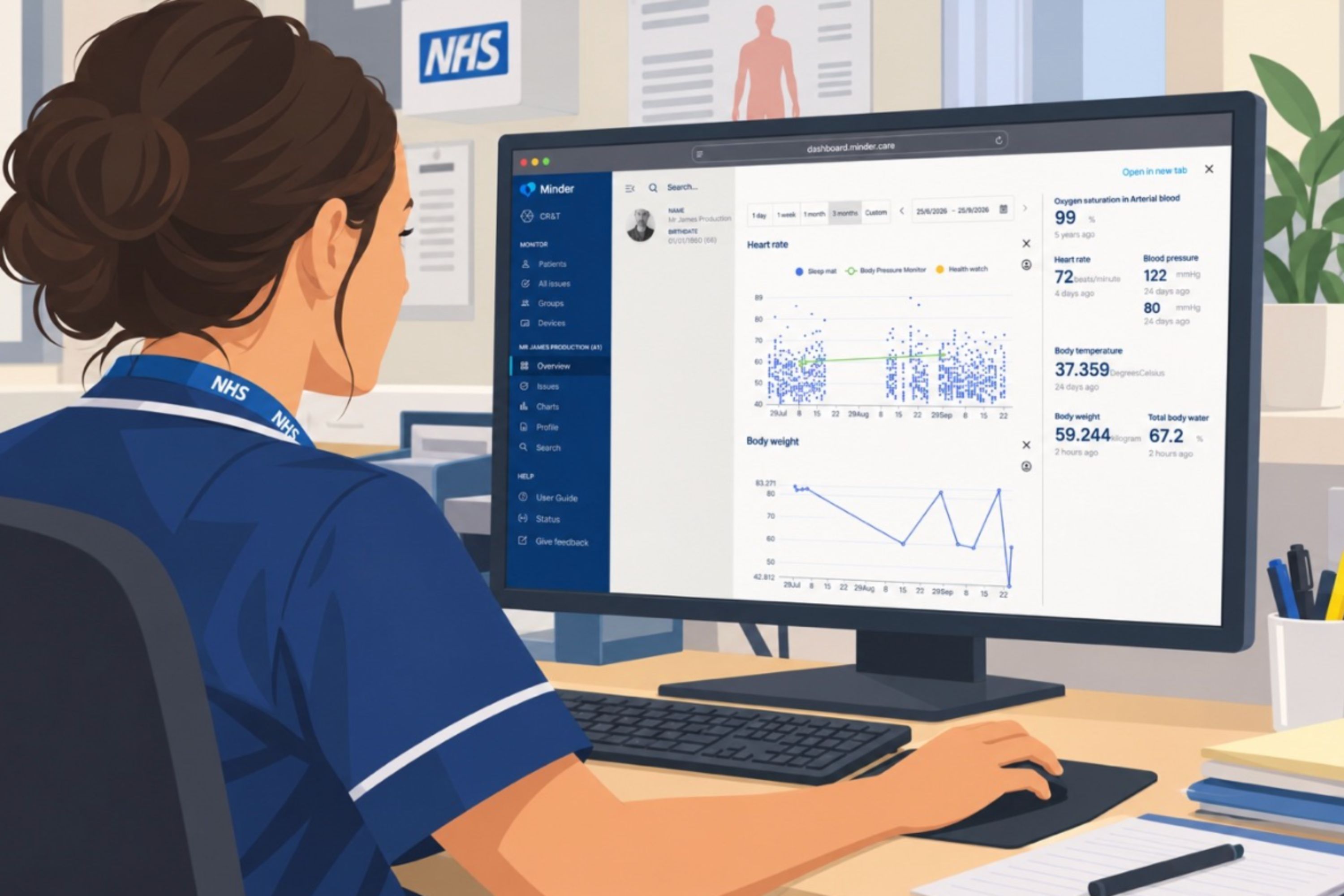 Illustration of a nurse using the Minder dashboard to look at data from a home in the Minder study.