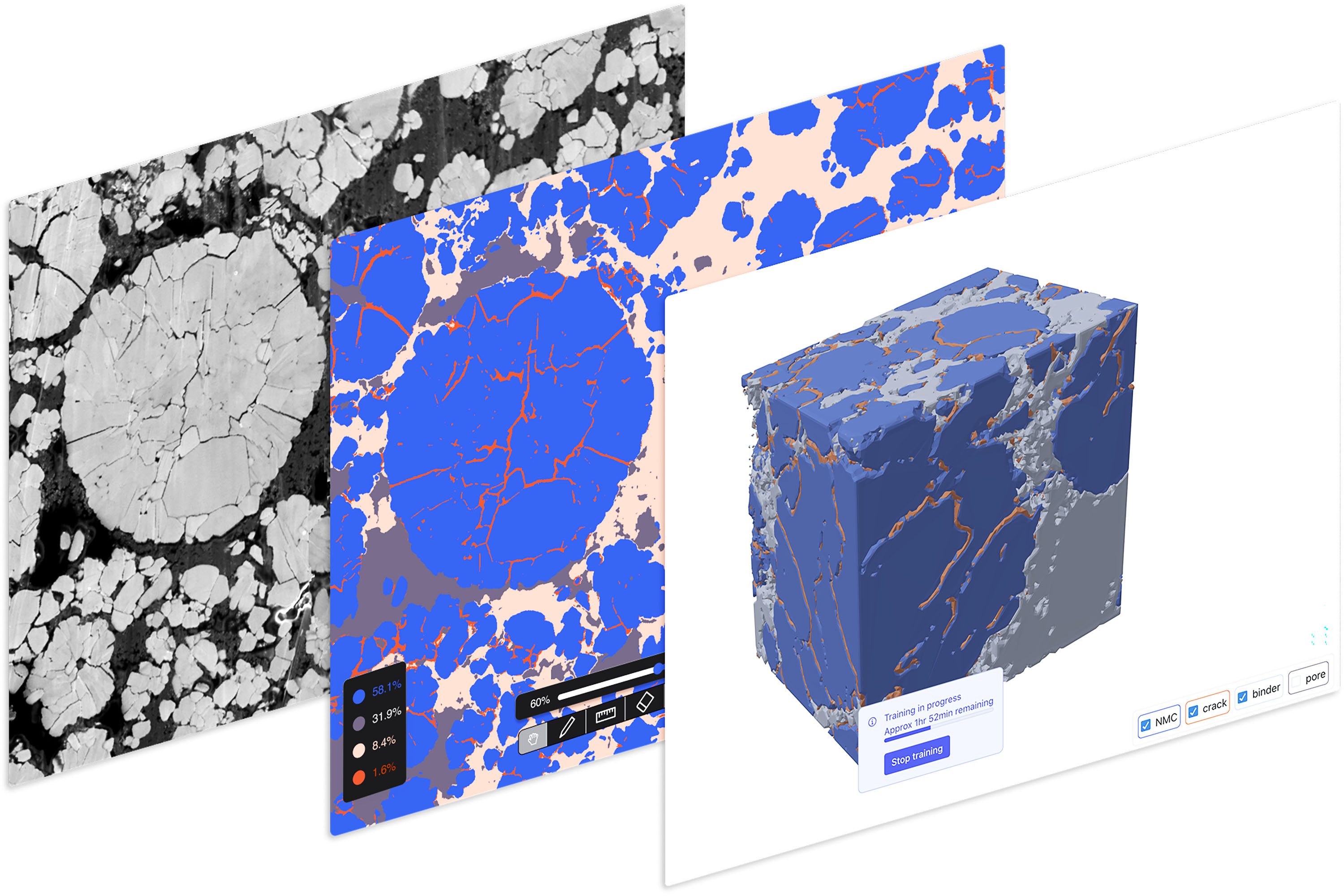 This image shows the internal structure of a lithium-ion battery electrode, processed and reconstructed.