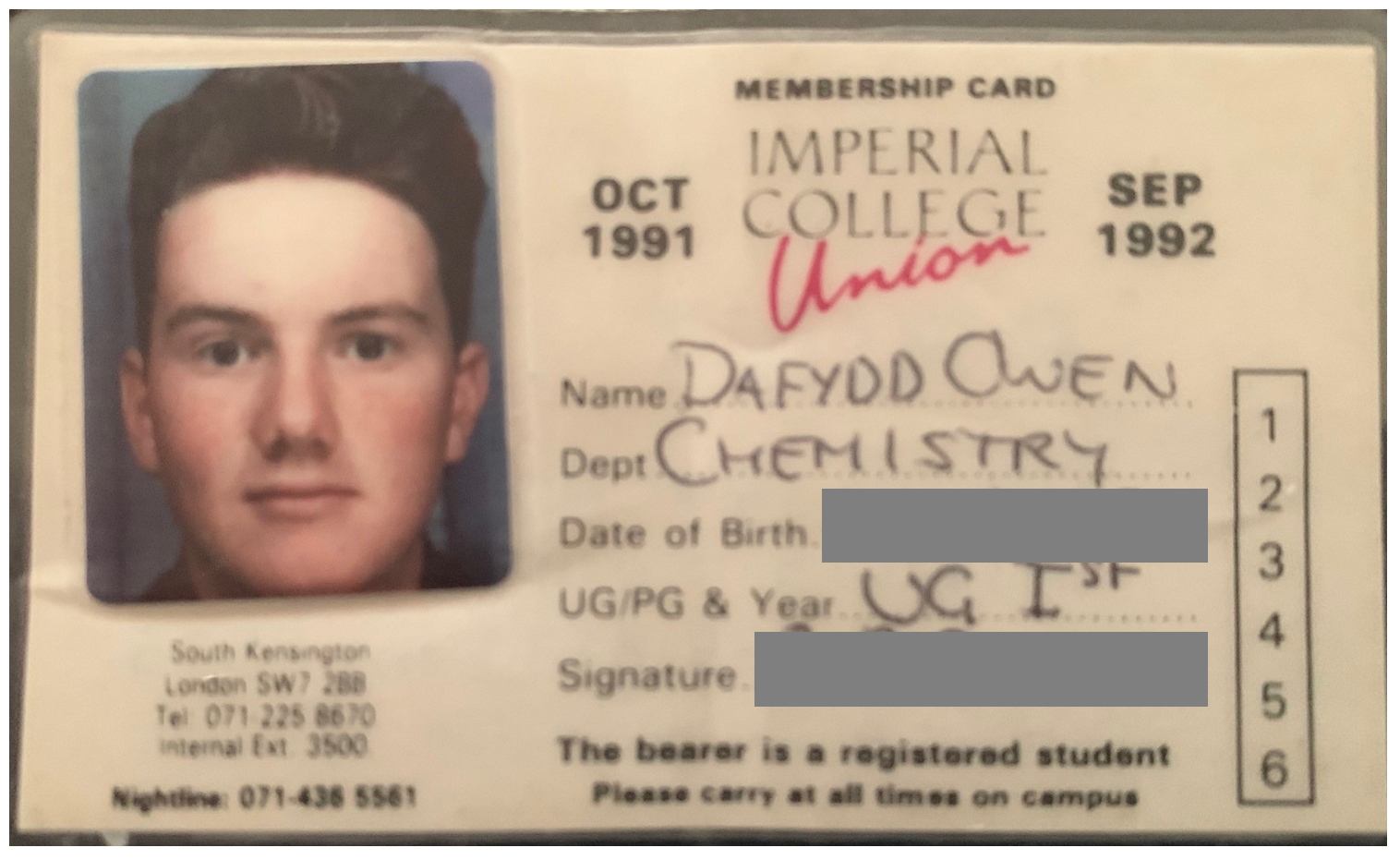 Dafydd Owen's 1991 Student Union membership card
