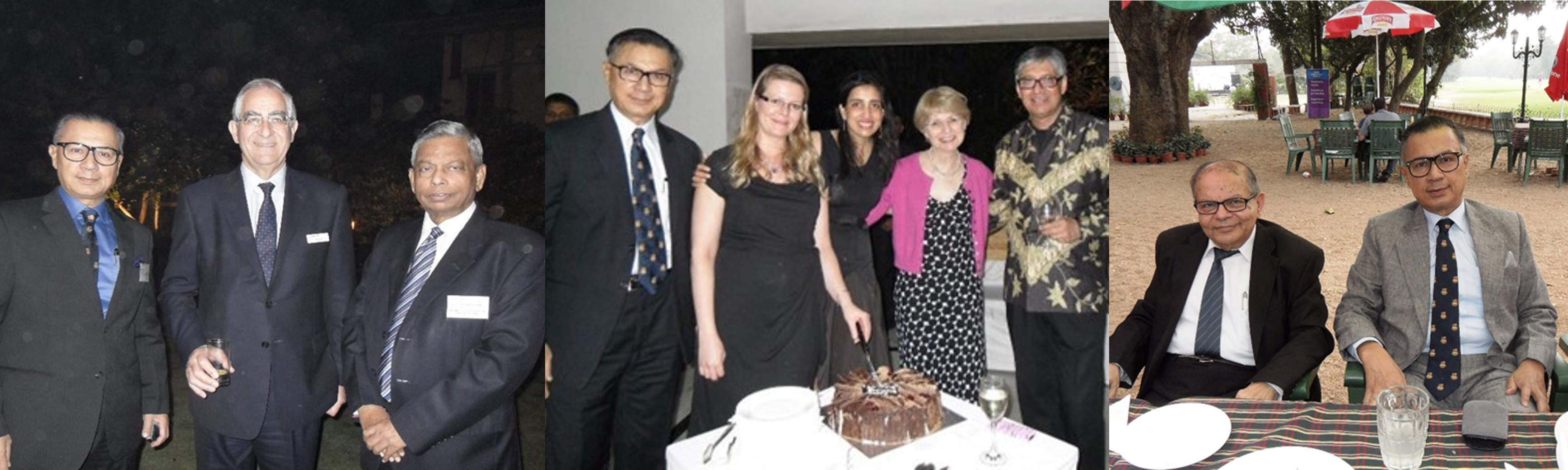 Collage of Hirak Sen at three alumni events in Kolata - on the left is a cake cutting for the first event of the kolkata alumni group, centre photo is Hirak pictured with Sir Keith Onion (former President of Imperial), and another alumus, and the right photo is Hirak sitting at an outdoor table with a fellow alumnus  