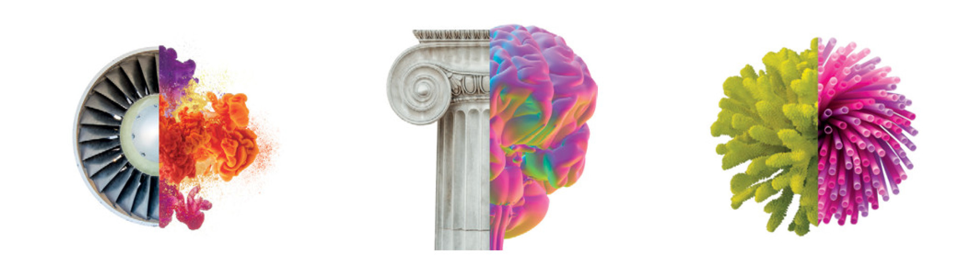 3 split images: jet propeller and coloured chemicals, column and brain, mineral and coral