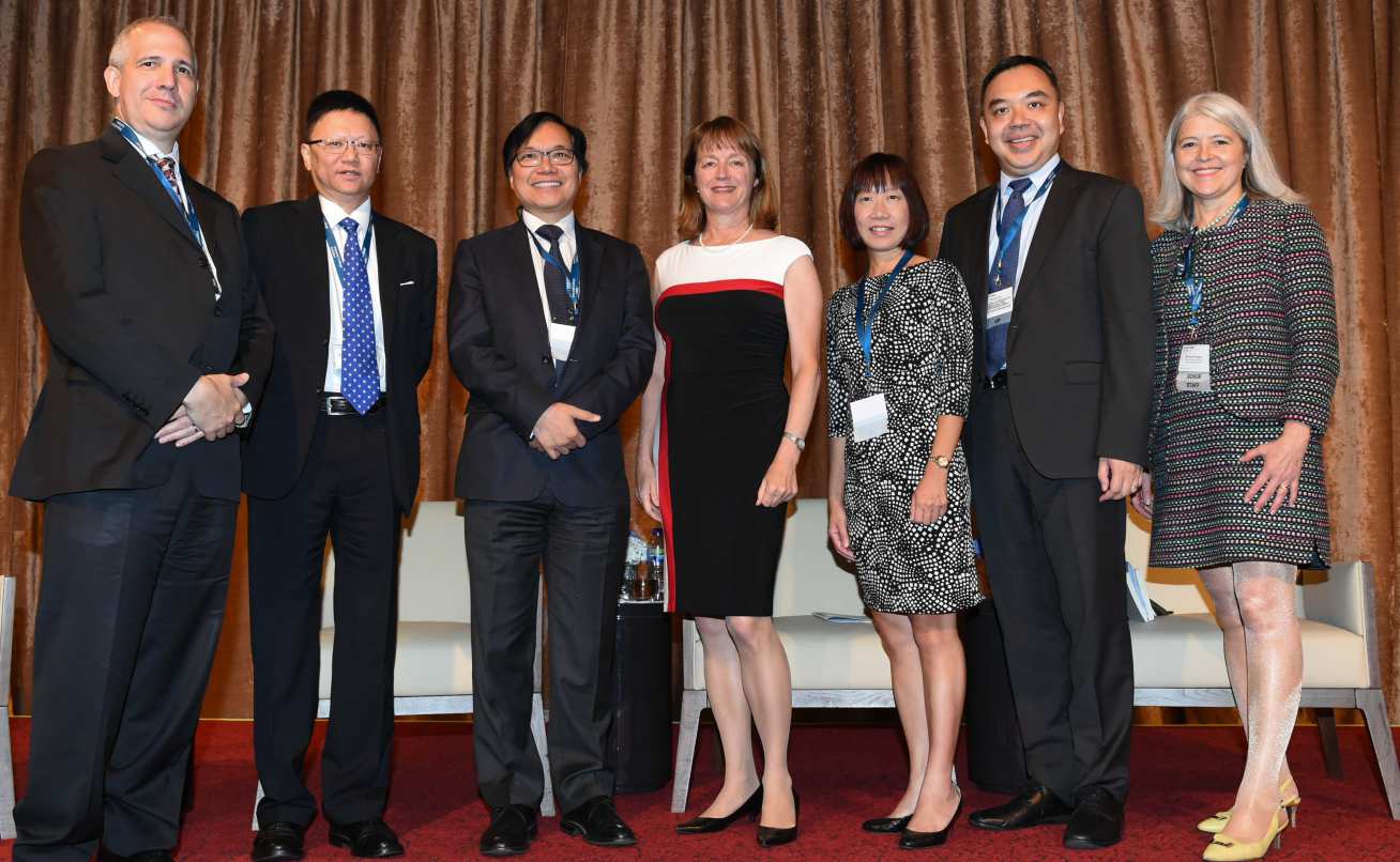 Vincent So with the panel of alumni speakers and President Alice P. Gast at the recent reception in Hong Kong