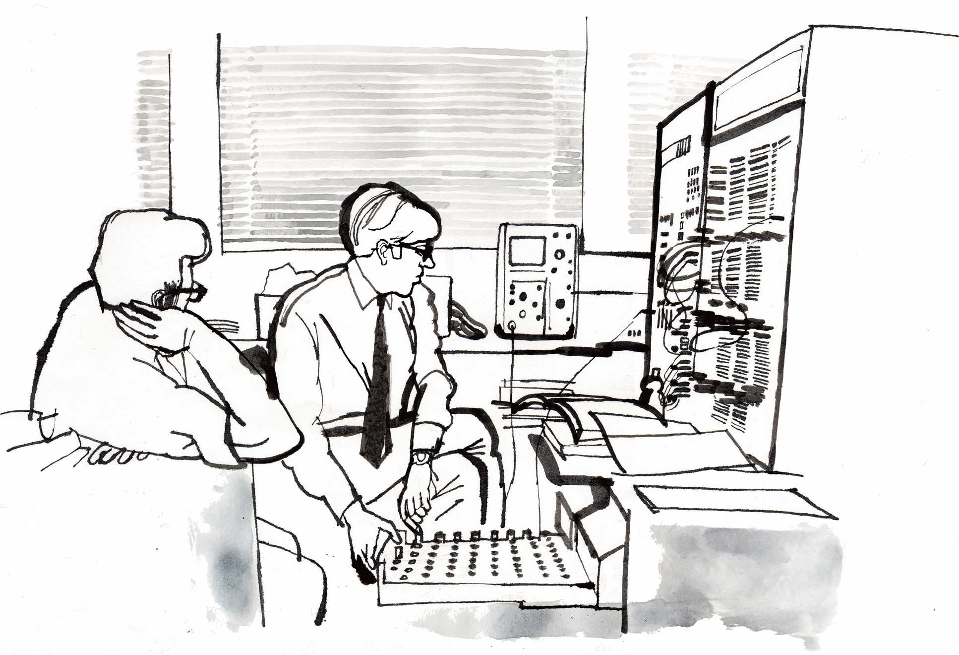 Illustration two male students working with a hybrid (analog/digital) computer at Imperial in 1969