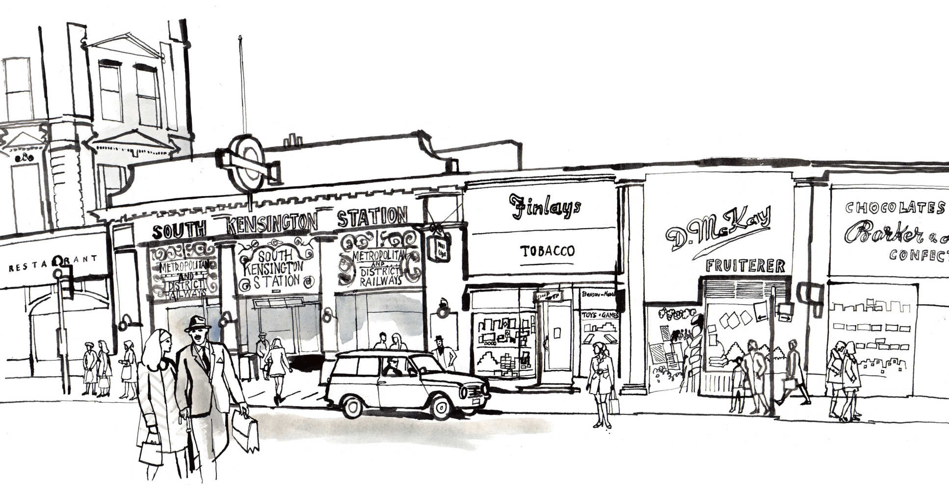 An illustration of Thurloe Street in South Kensington in 1970