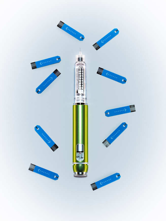 An insulin pen and diabetes blood sugar level testing chips