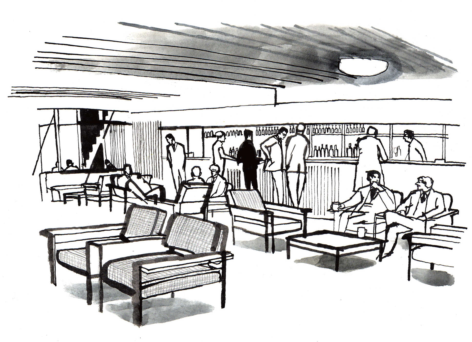 An illustration of the Southside Bar at the South Kensington Campus in the 1960s