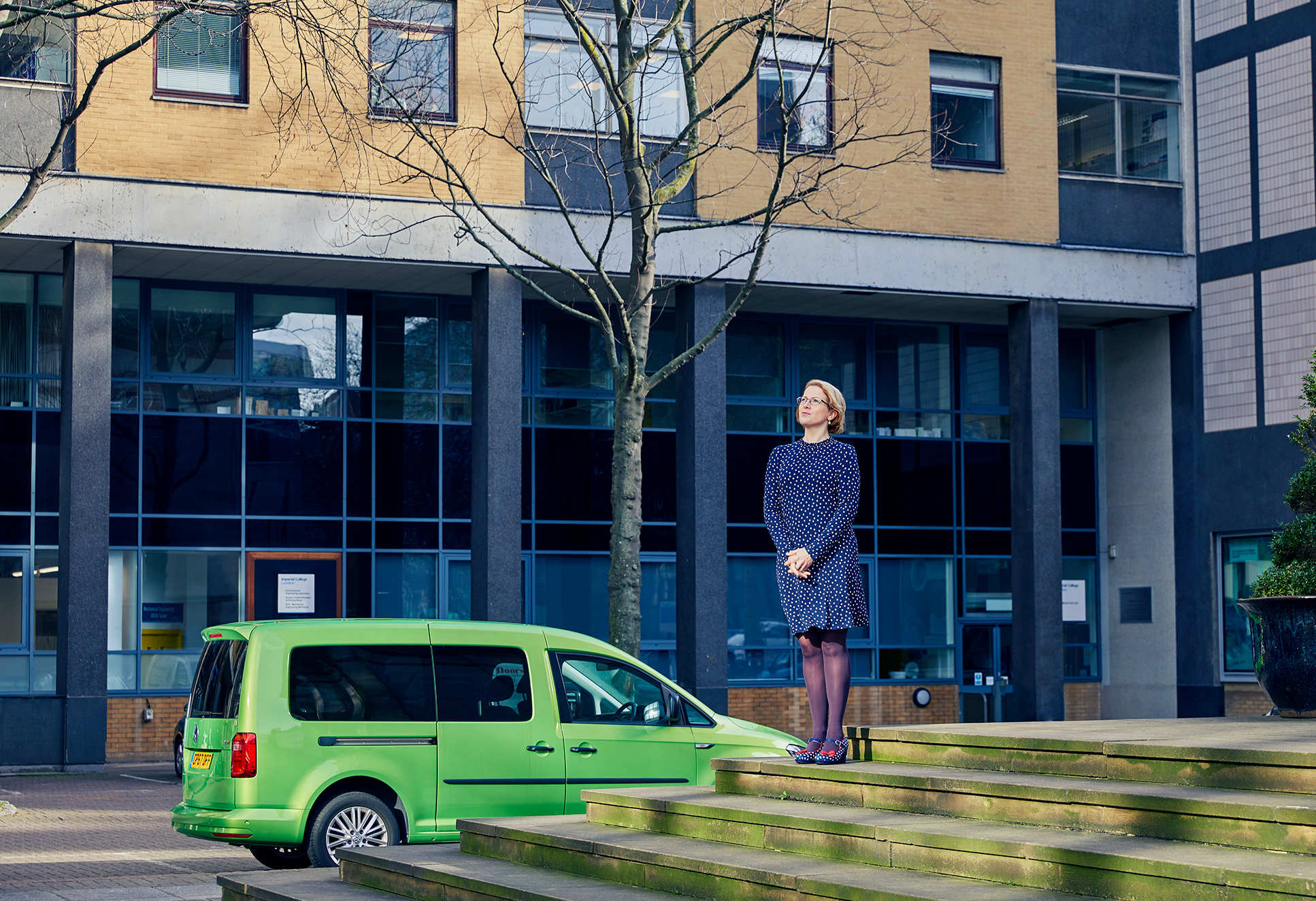 Dr Annalisa Alexander and her green van outside the  Outreach classroom.