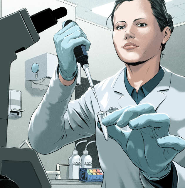 An illustration of a female scientist working in a laboratory