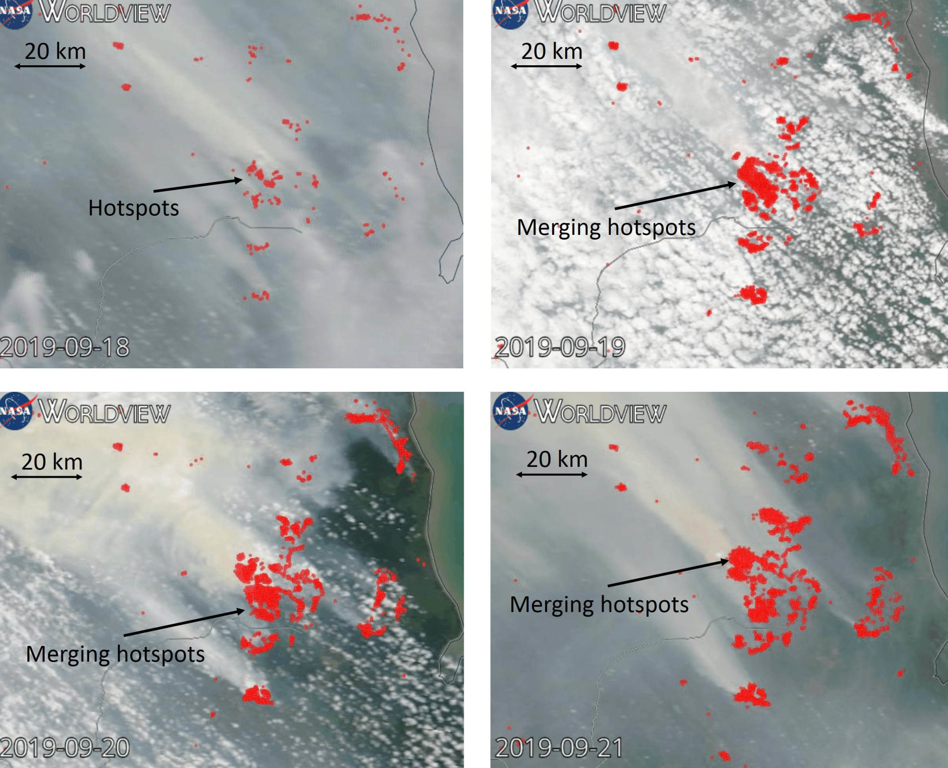Satellite images of the progression of a peat wildfire in Sumatra over four days in September 2019