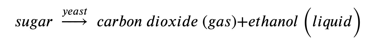 Formula showing how sugar is transformed by yeast into carbon dioxide and ethanol