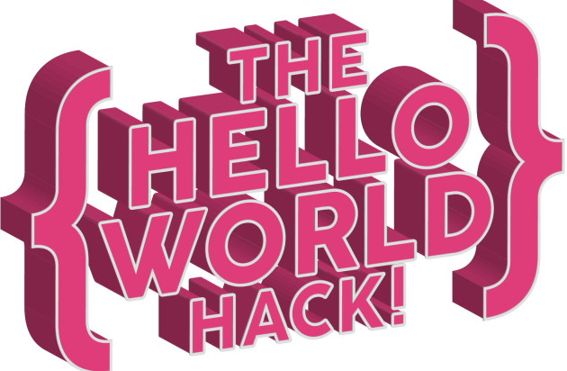Image with 'The Hello World Hack logo' written in a pink font