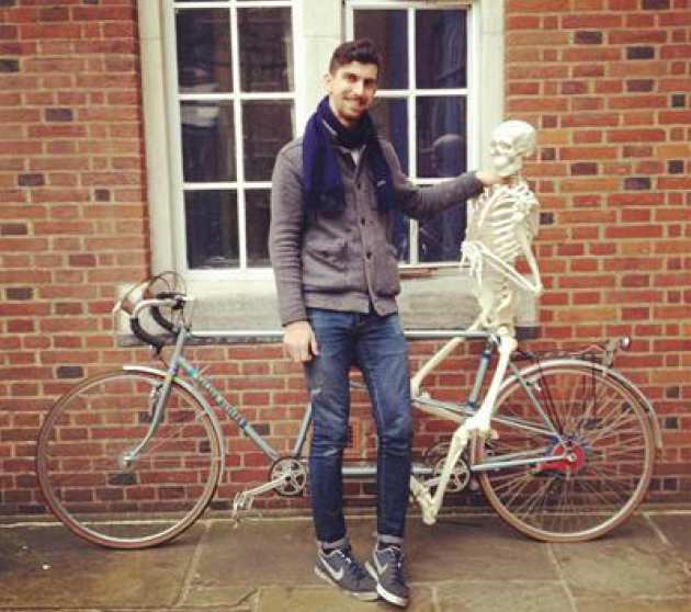 Physics student Kadhim Shubber with his skeleton and tandem