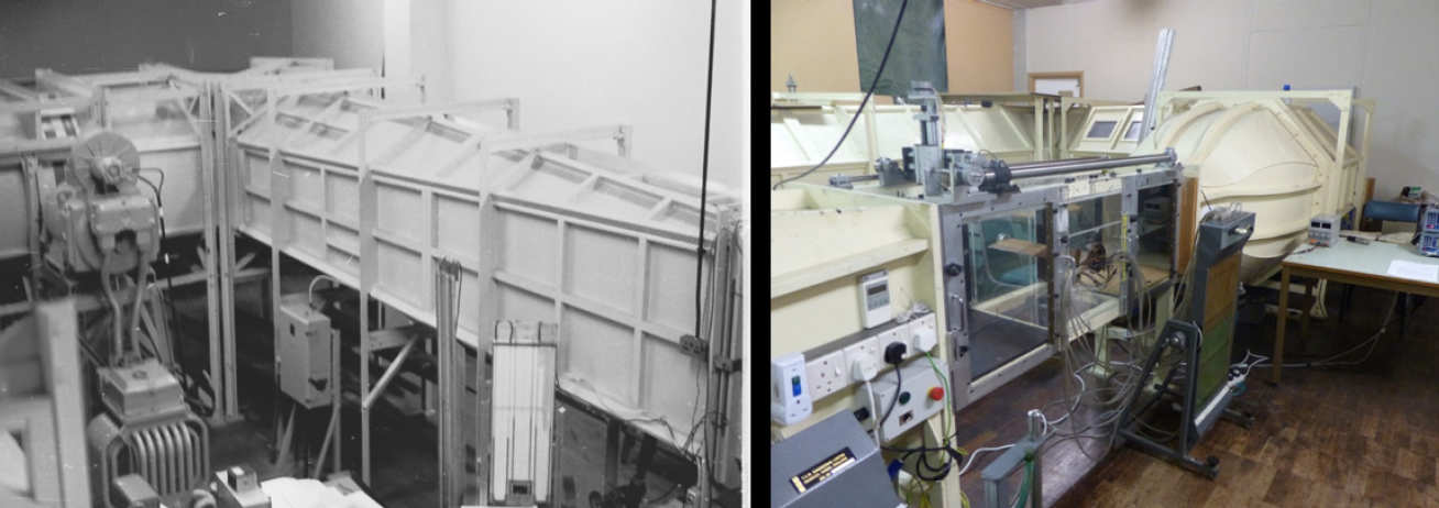 Left: The 3 x 2 Wind Tunnel Showing the External Fan Motor; Right: The Updated 20 inch Wind Tunnel