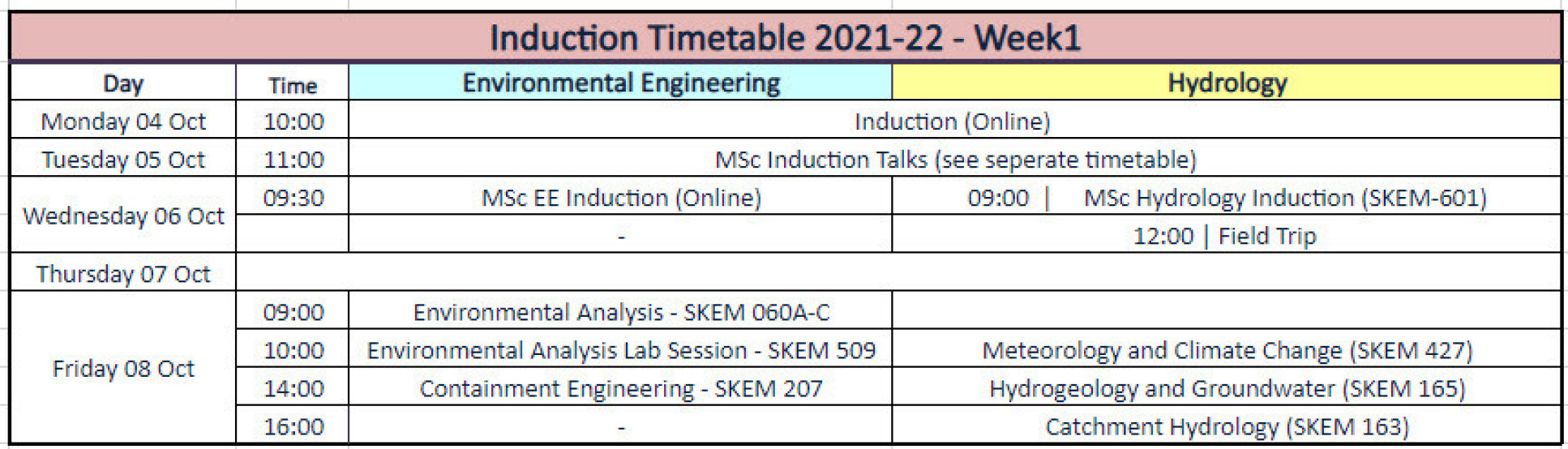 Cluster Induction Timetable