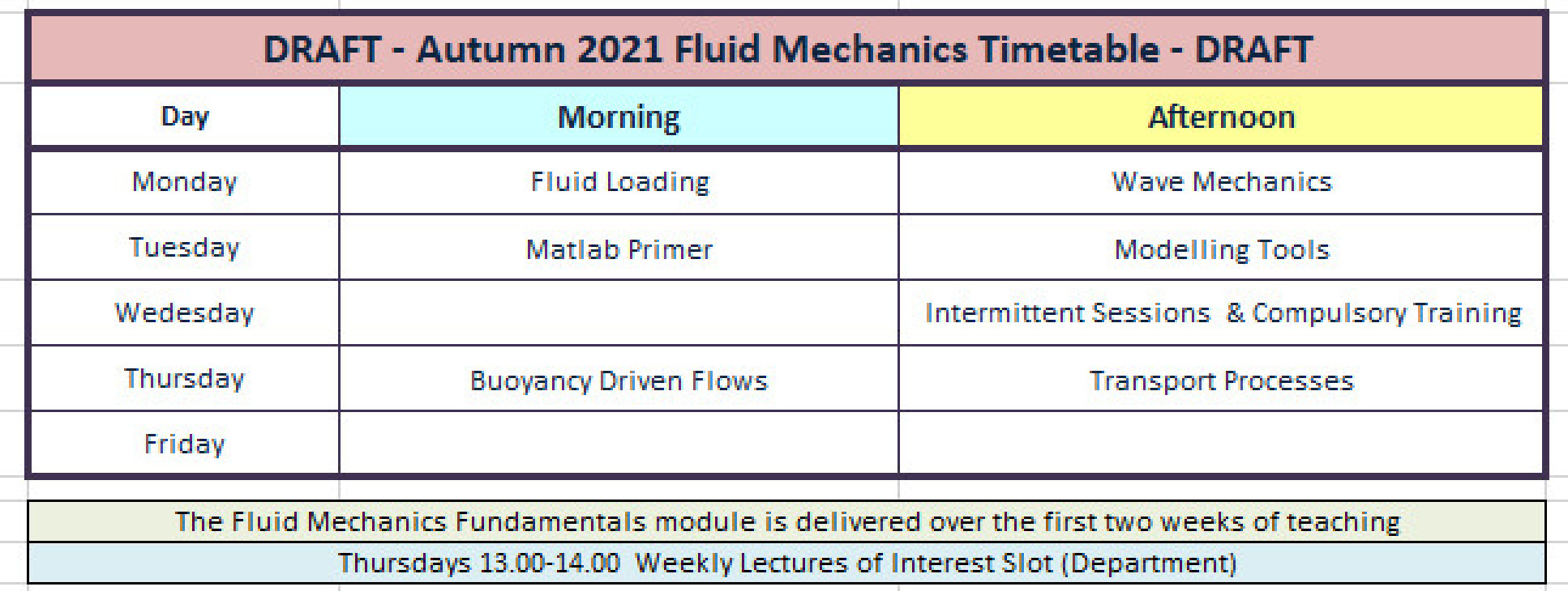 Indicative timetable