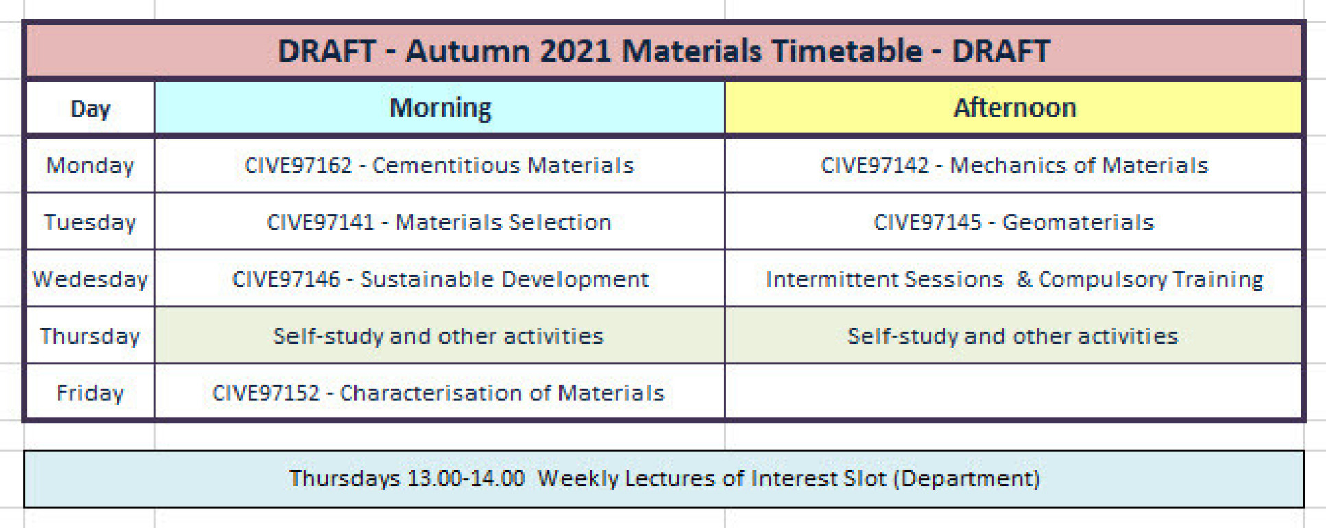 Indicative timetable